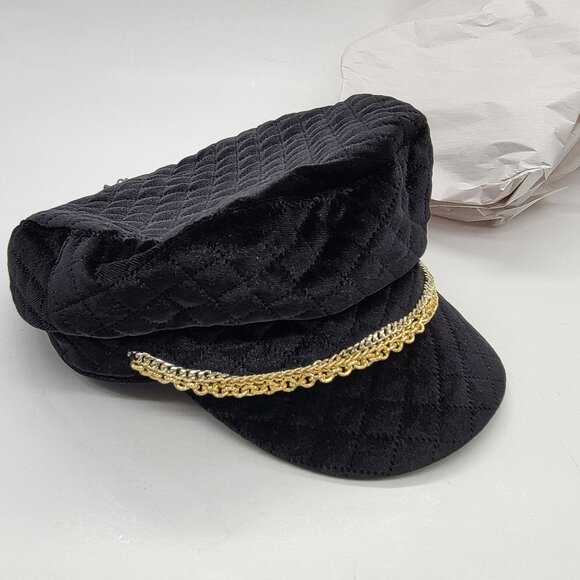 Vince Camuto Black Quilted Velvet Baker Boy Hat W/ Gold Chain Accent NWT - Picture 9 of 14